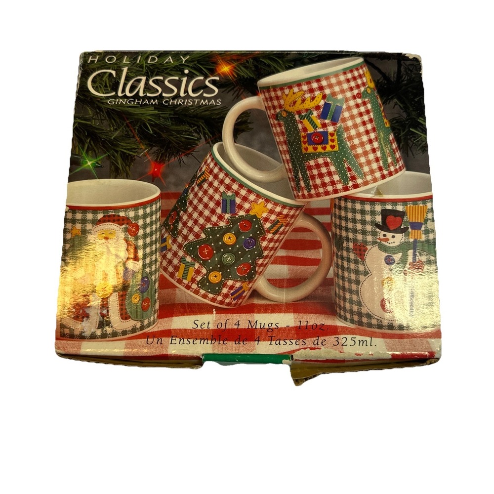 VTG Christmas Mugs Cups (4) 11 Oz. Coffee Tea Gingham Red Green Buttons Box